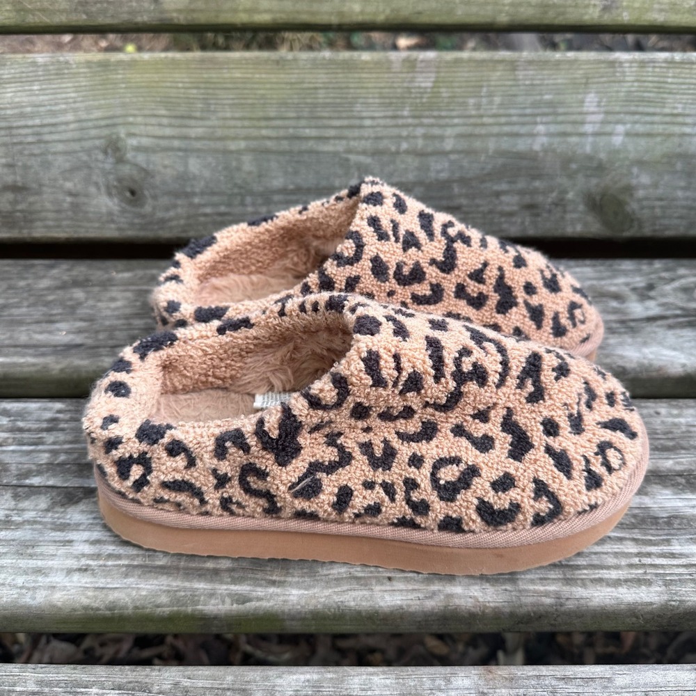 Aerie Sherpa Scuff Platform Slipper Mules Leopard Print Tan Black Sz 7 Hard Sole
